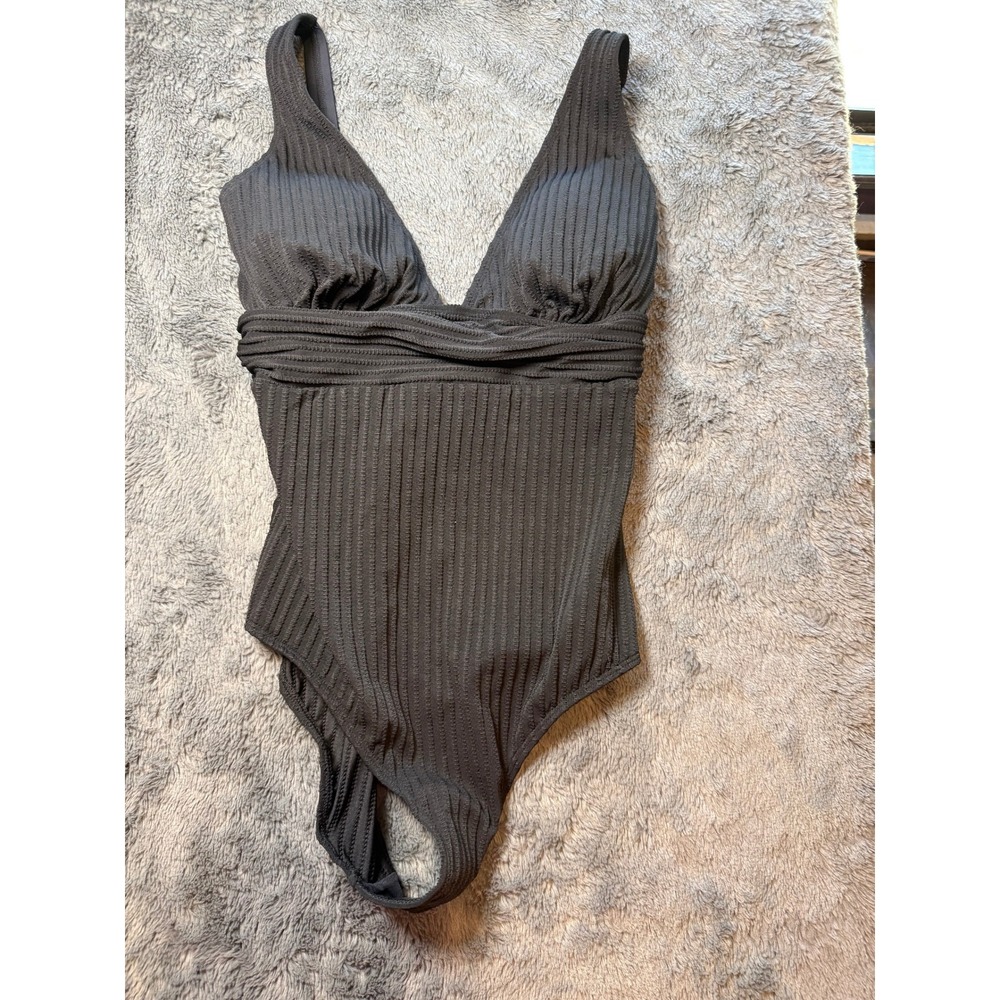 CUPSHE Women Black Ribbed V-Neck Twist Front One Piece Swimsuit CAA12E3M067AA L